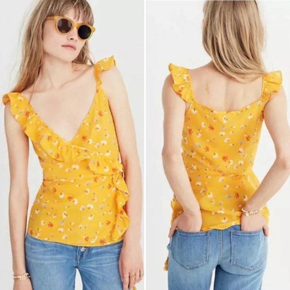 Madewell Silk Wrap Tie Blouse Painted Carnations Yellow floral